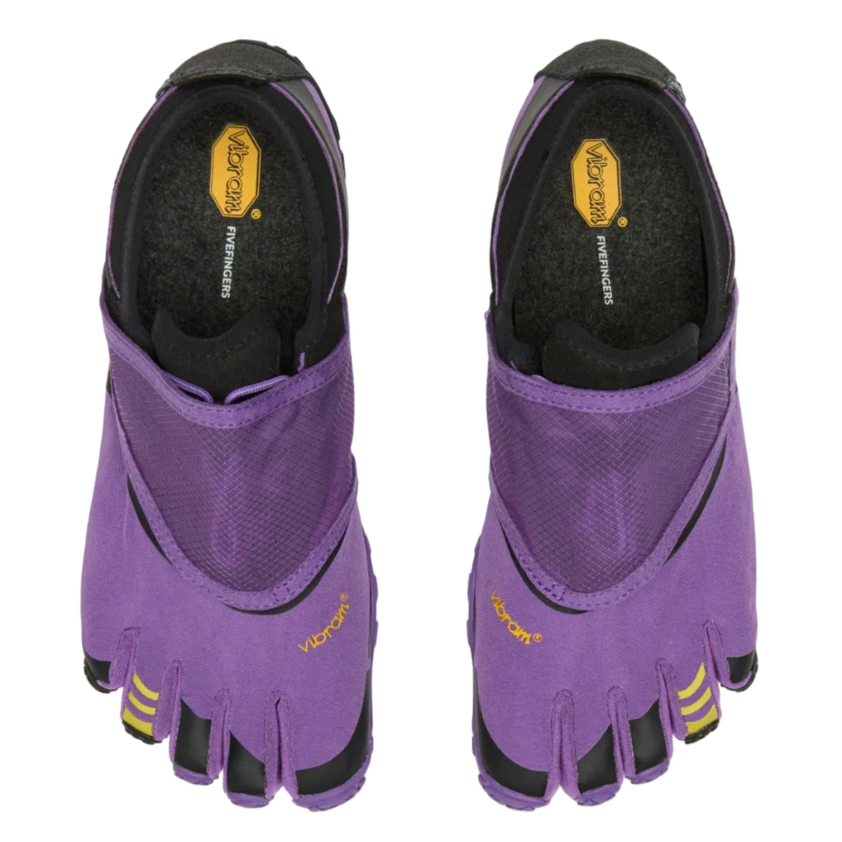 A pair of Vibram free-toed shoes in purple and black, shown from a top-down view on a light gray background.