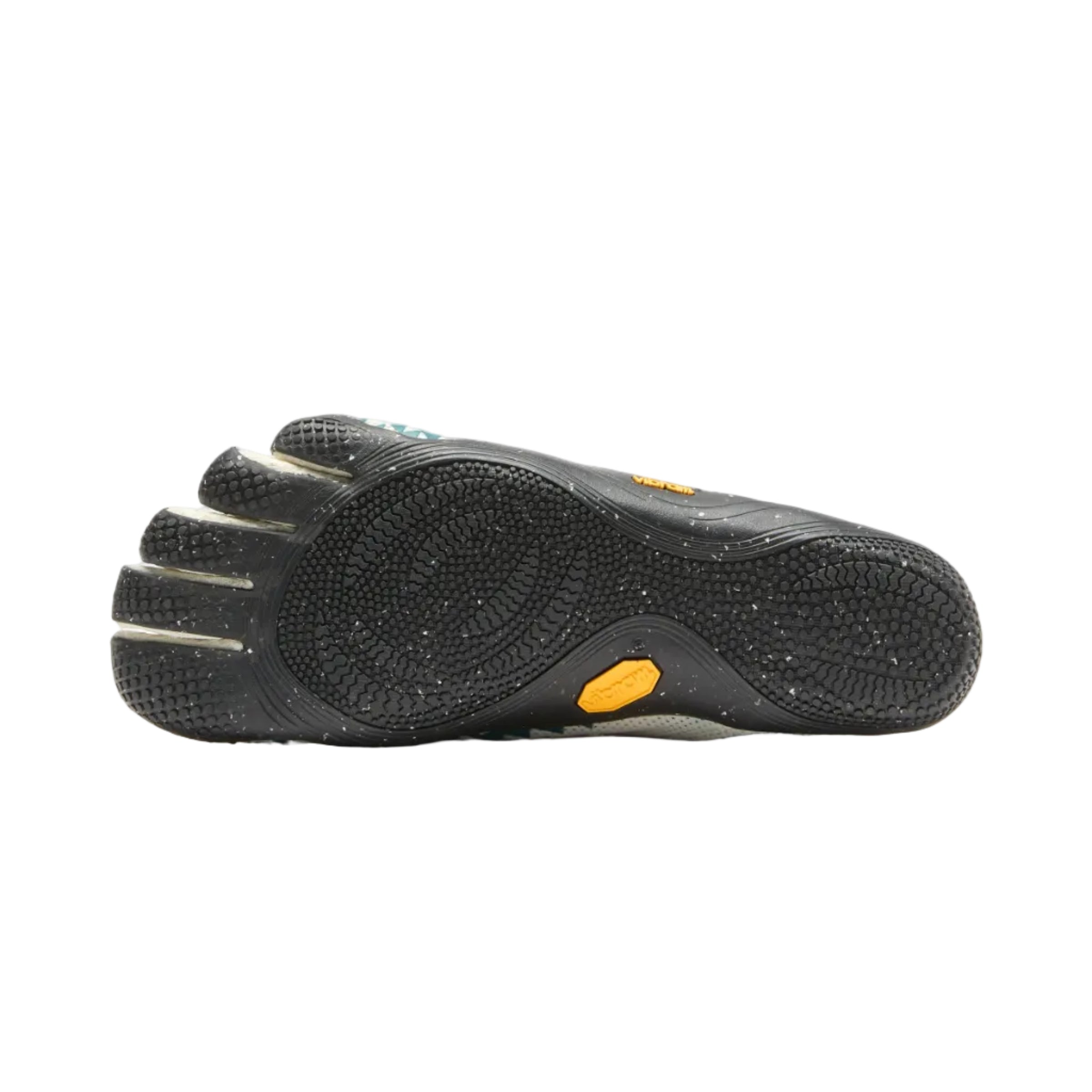 The bottom sole of a minimalist five-toe barefoot shoe, featuring a black textured Vibram rubber outsole with a small yellow accent.