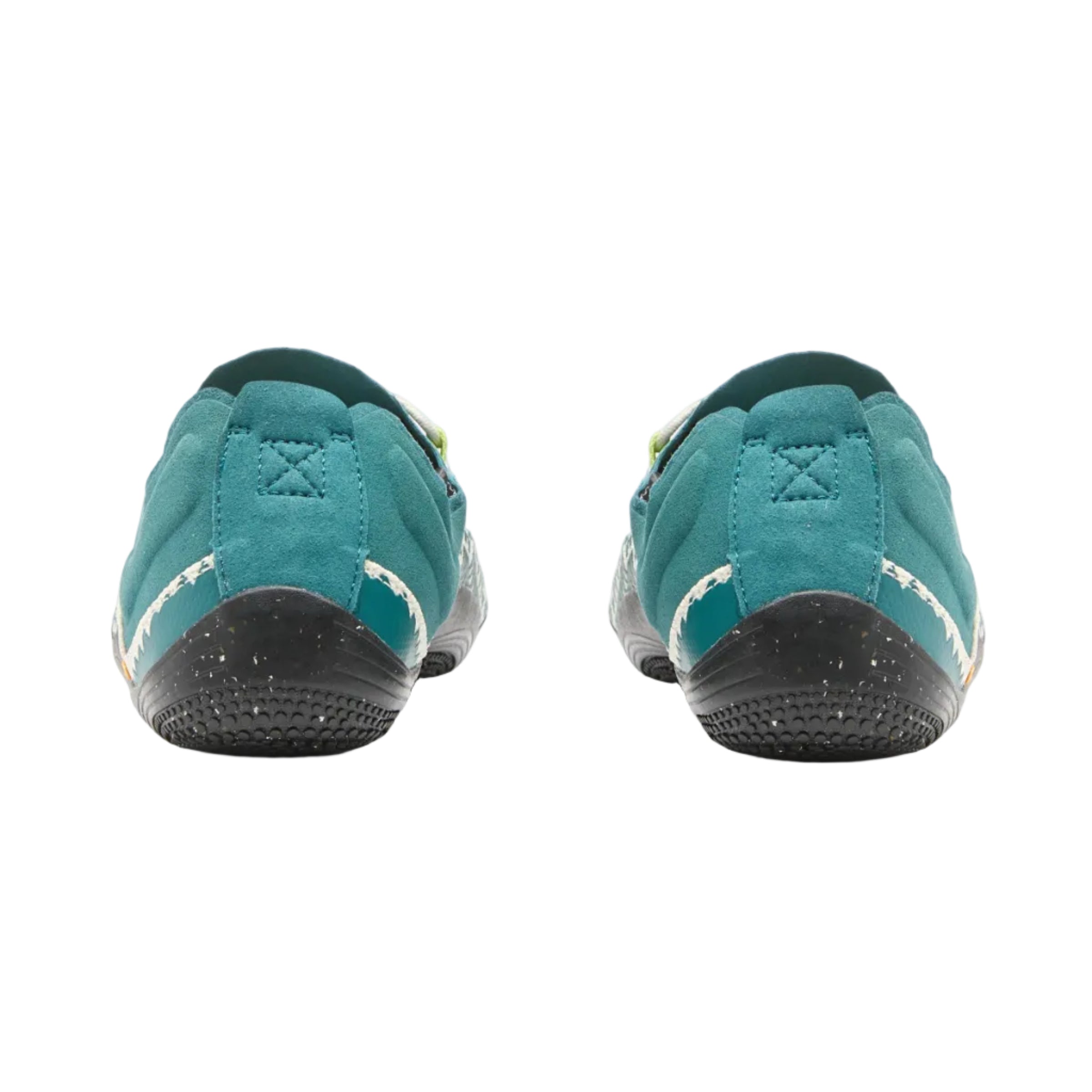 Teal slip-on shoes with black soles on a white background