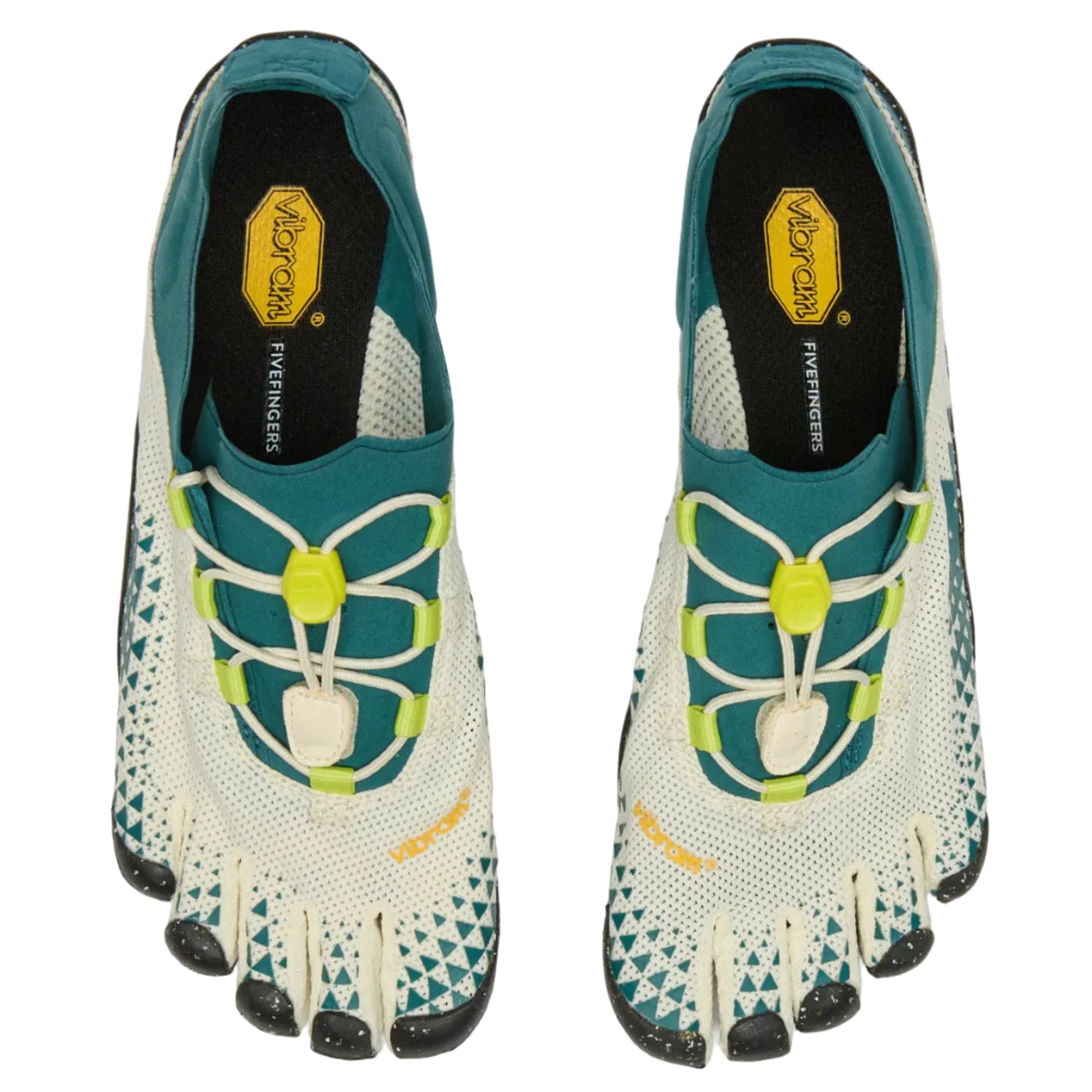 A pair of Vibram Minifoot barefoot shoes in white and teal with lime green accents, shown from a top-down view on a white background.