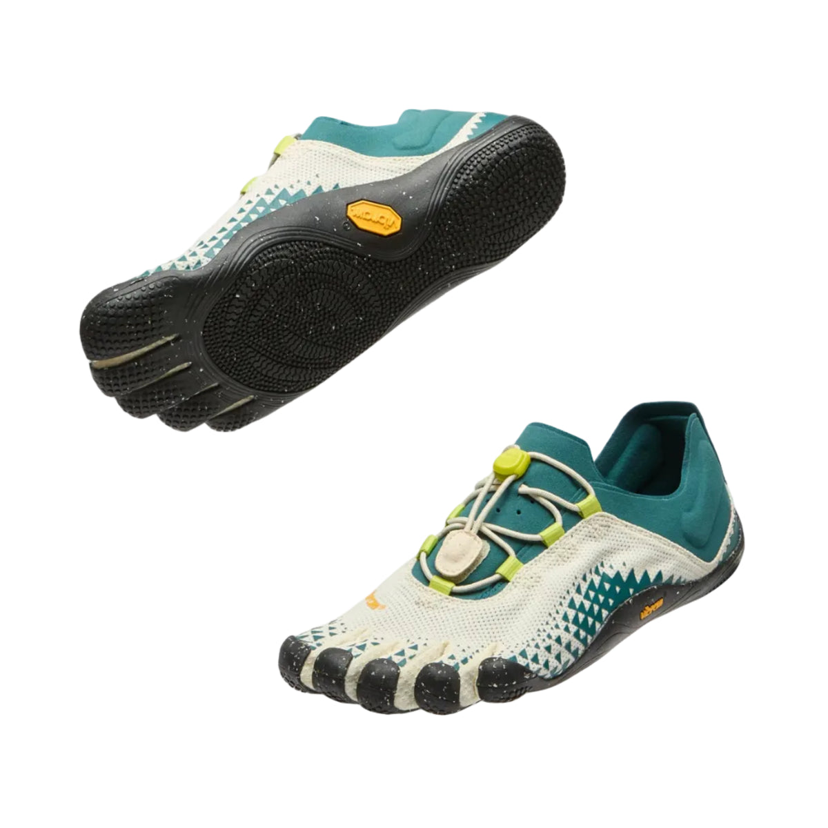 Ivory and Teal  athletic shoes with black soles on a light gray background