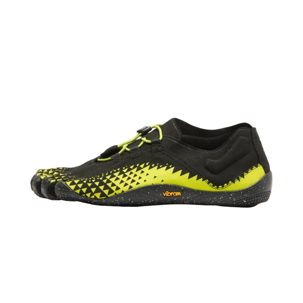 Black and yellow athletic shoe on a white background