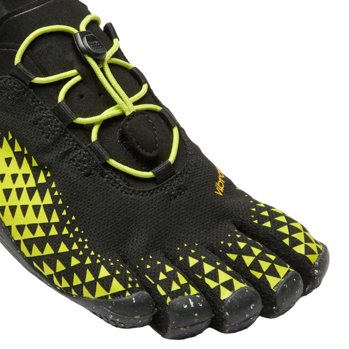 Black and yellow athletic shoe with unique sole design on a white background