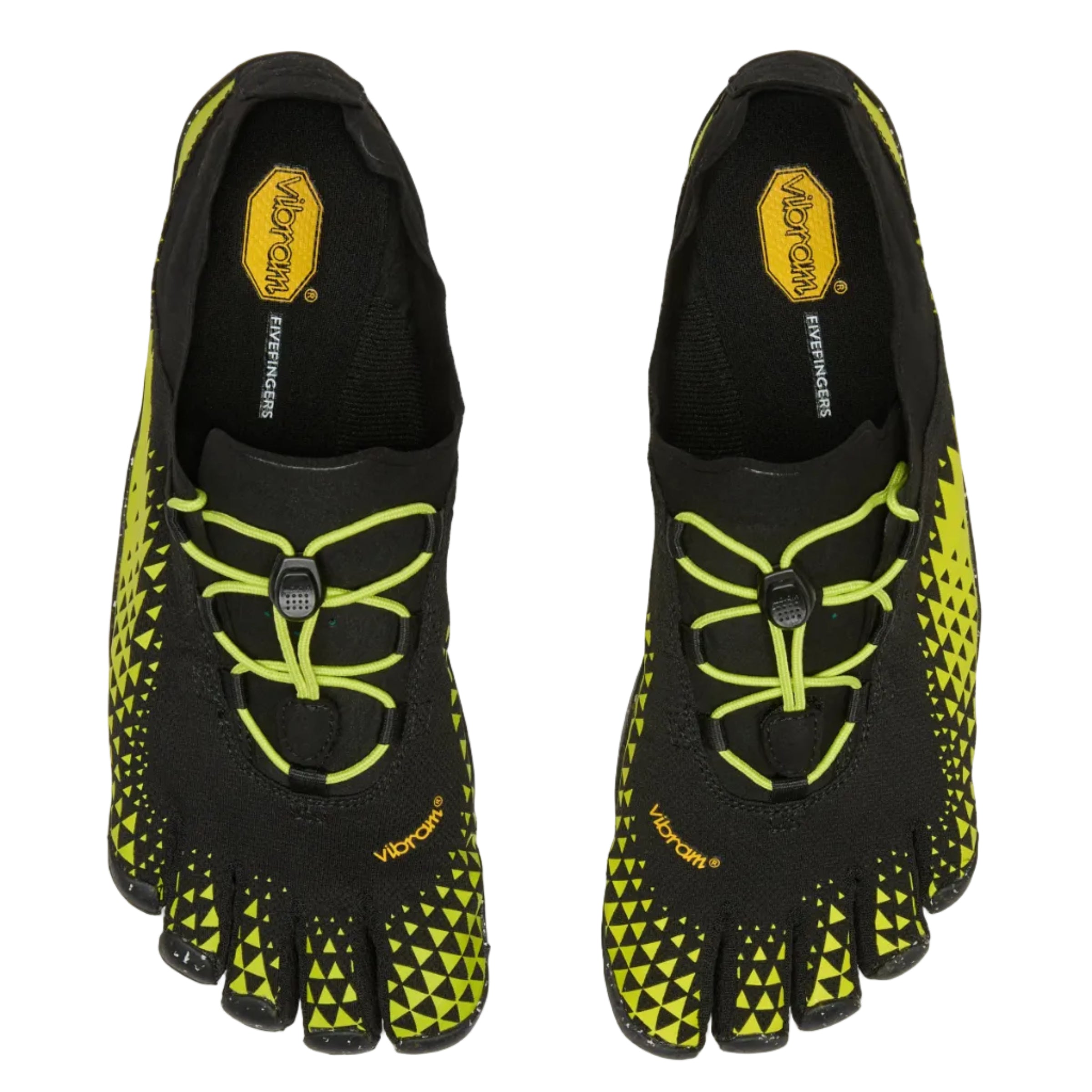 Black and yellow shoes with toe separation on a white background