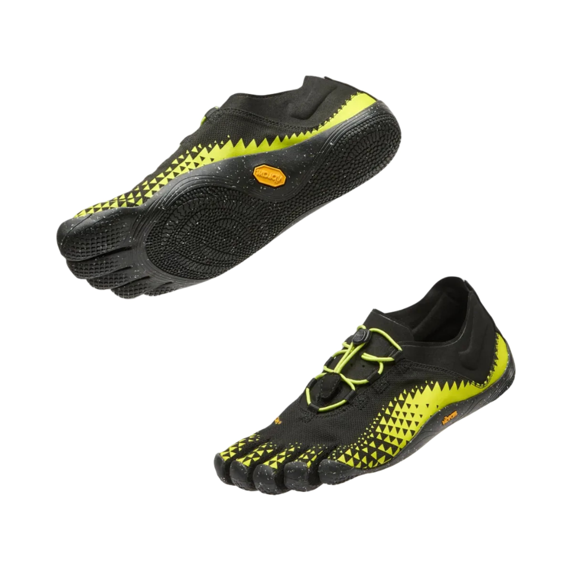 Black and yellow barefoot shoes on a white background