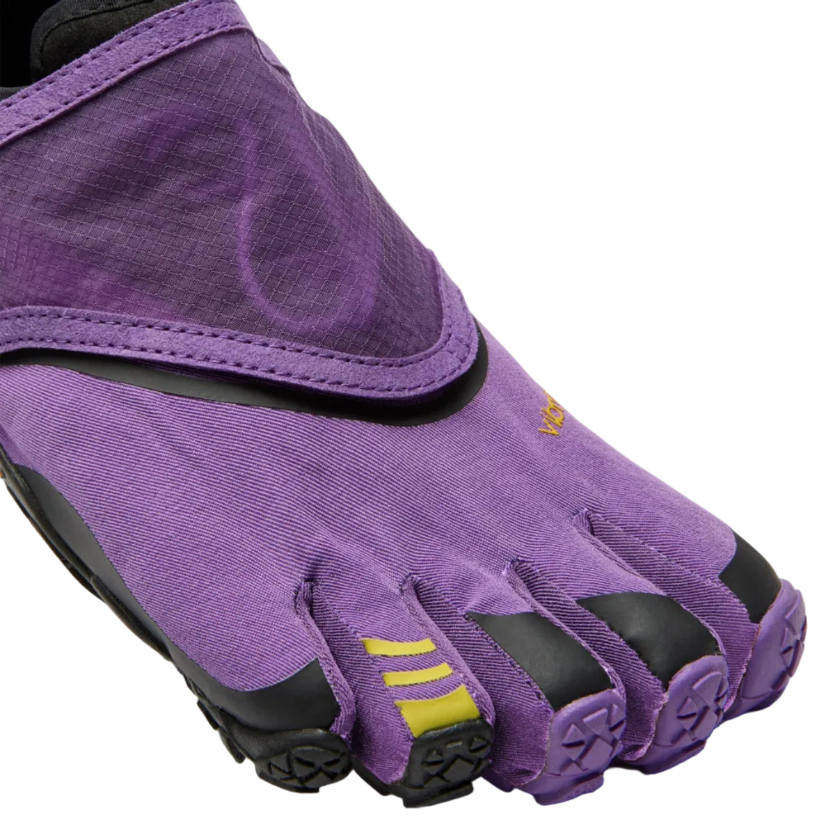 A close-up of a purple and black Vibram toe glove with yellow accents on the toes, set against a light gray background.