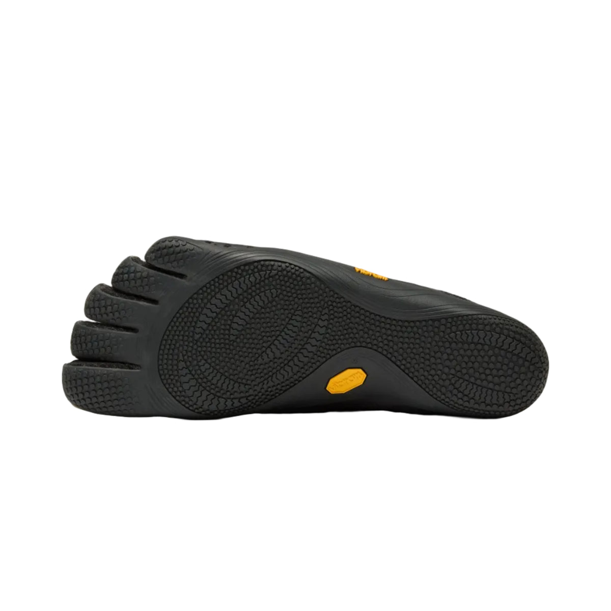 Black five-toe shoe with yellow accents on a white background