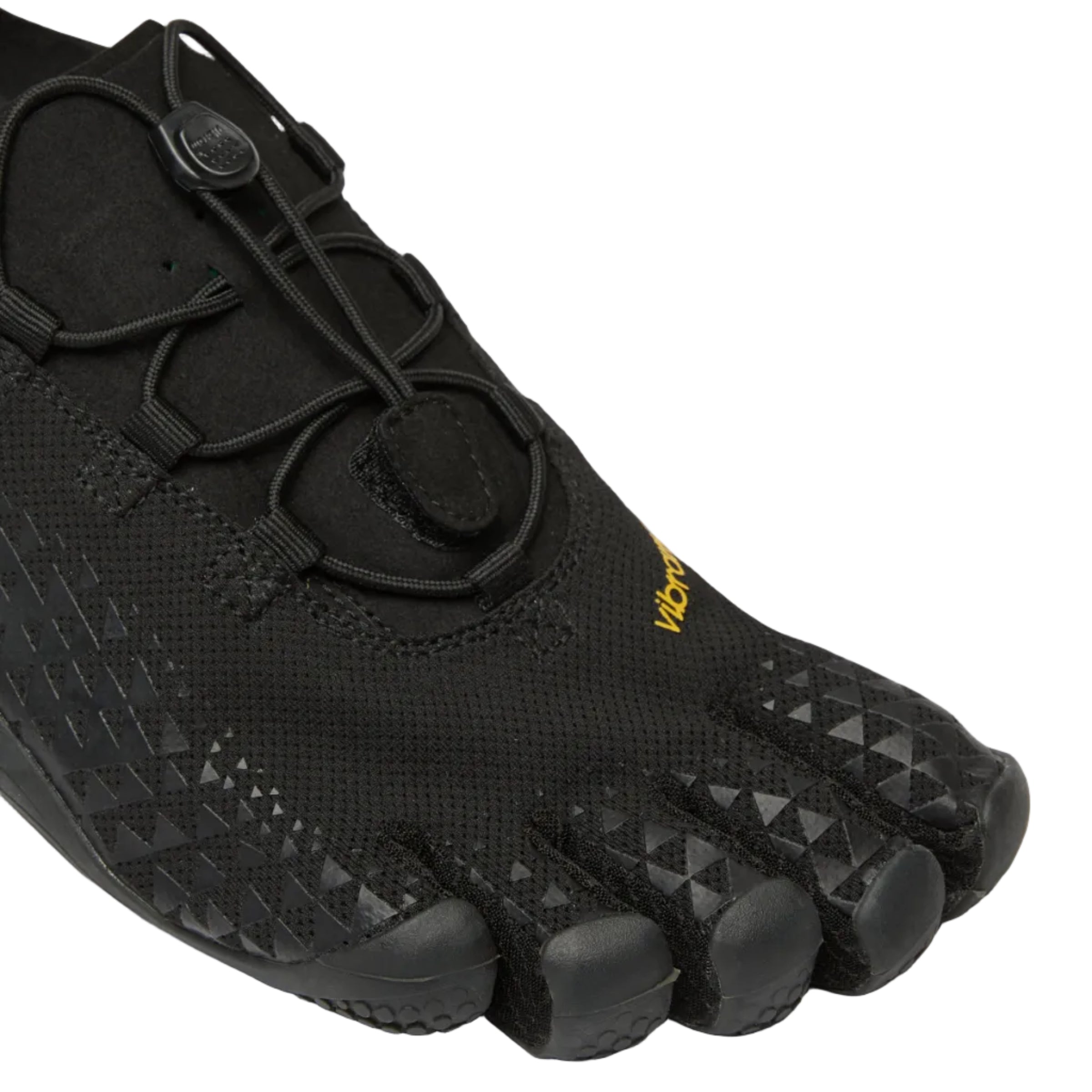 Close-up of a black Vibram five-toe shoe on a white background, showing the breathable mesh upper, dial closure, and textured rubber toes.
