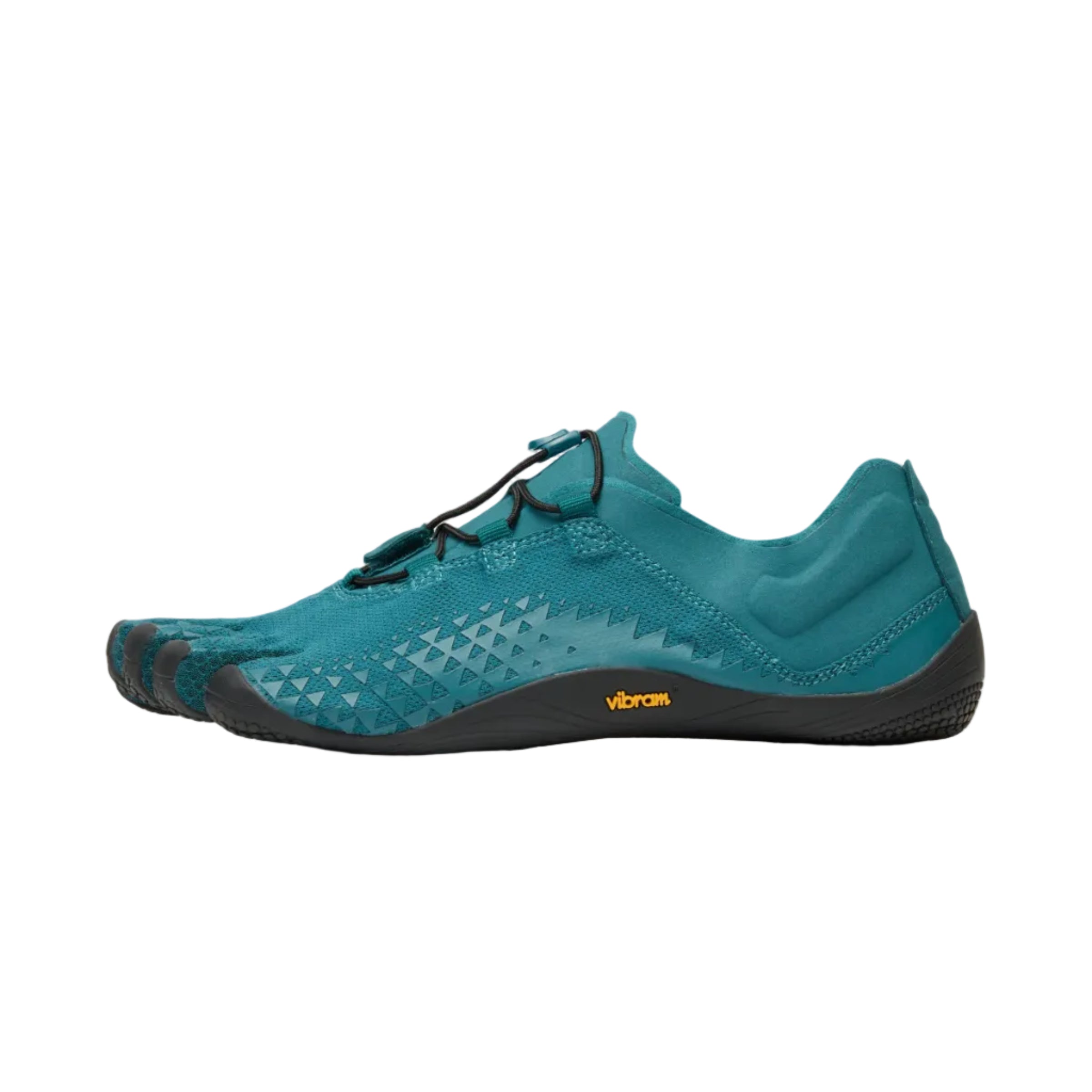 A teal and black Vibram barefoot shoe shown in a side profile view against a light gray background.