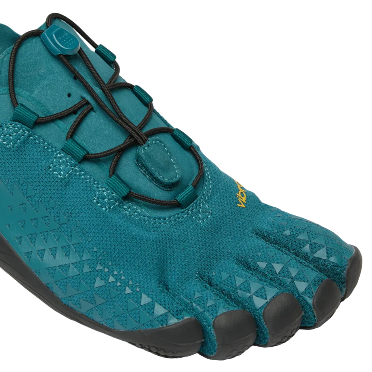 A close-up of a Vionic barefoot shoe in teal with black laces and black toe caps, shown on a light gray background.