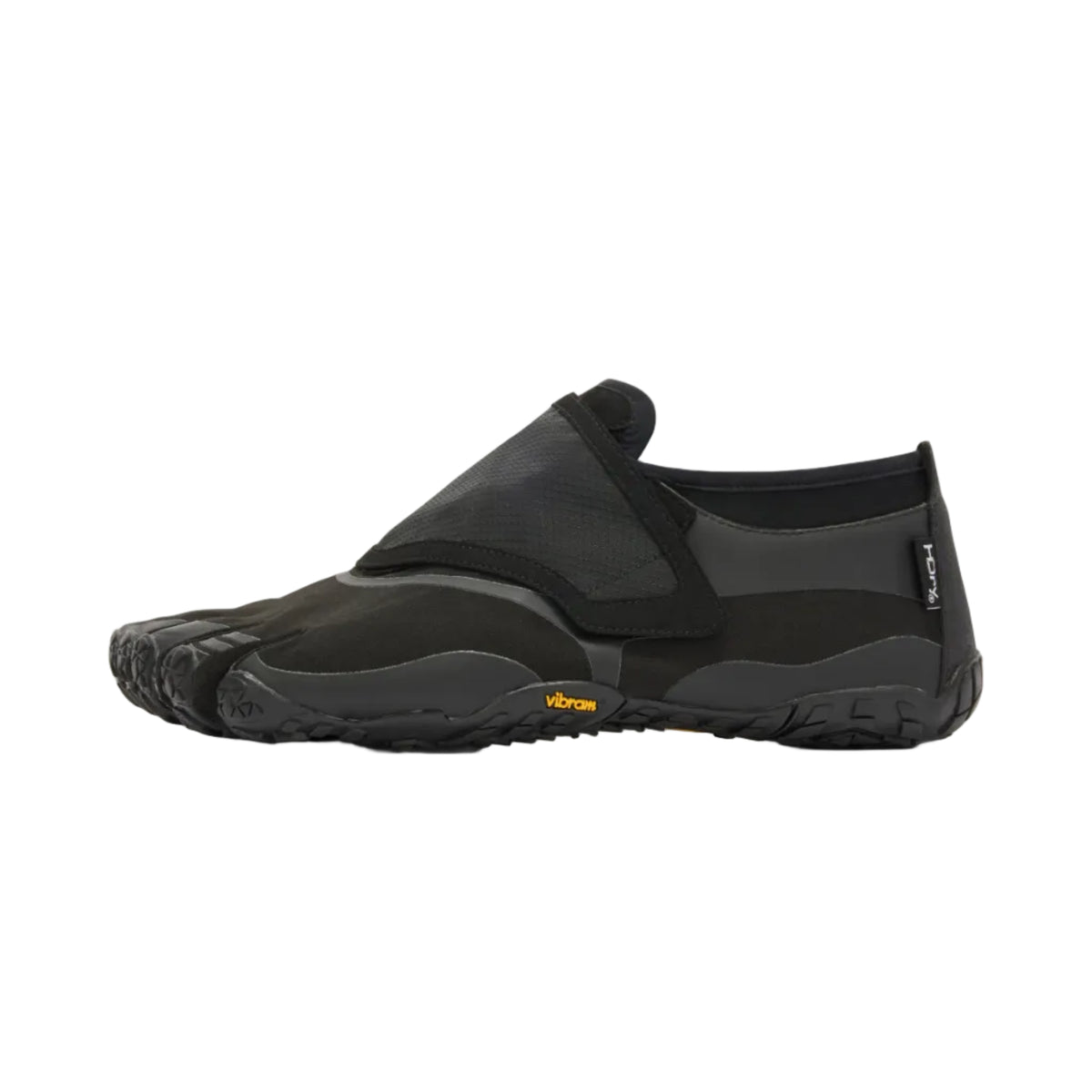 A black and dark gray minimalist slip-on shoe from Vibram, shown in a side profile against a clean, light gray background.