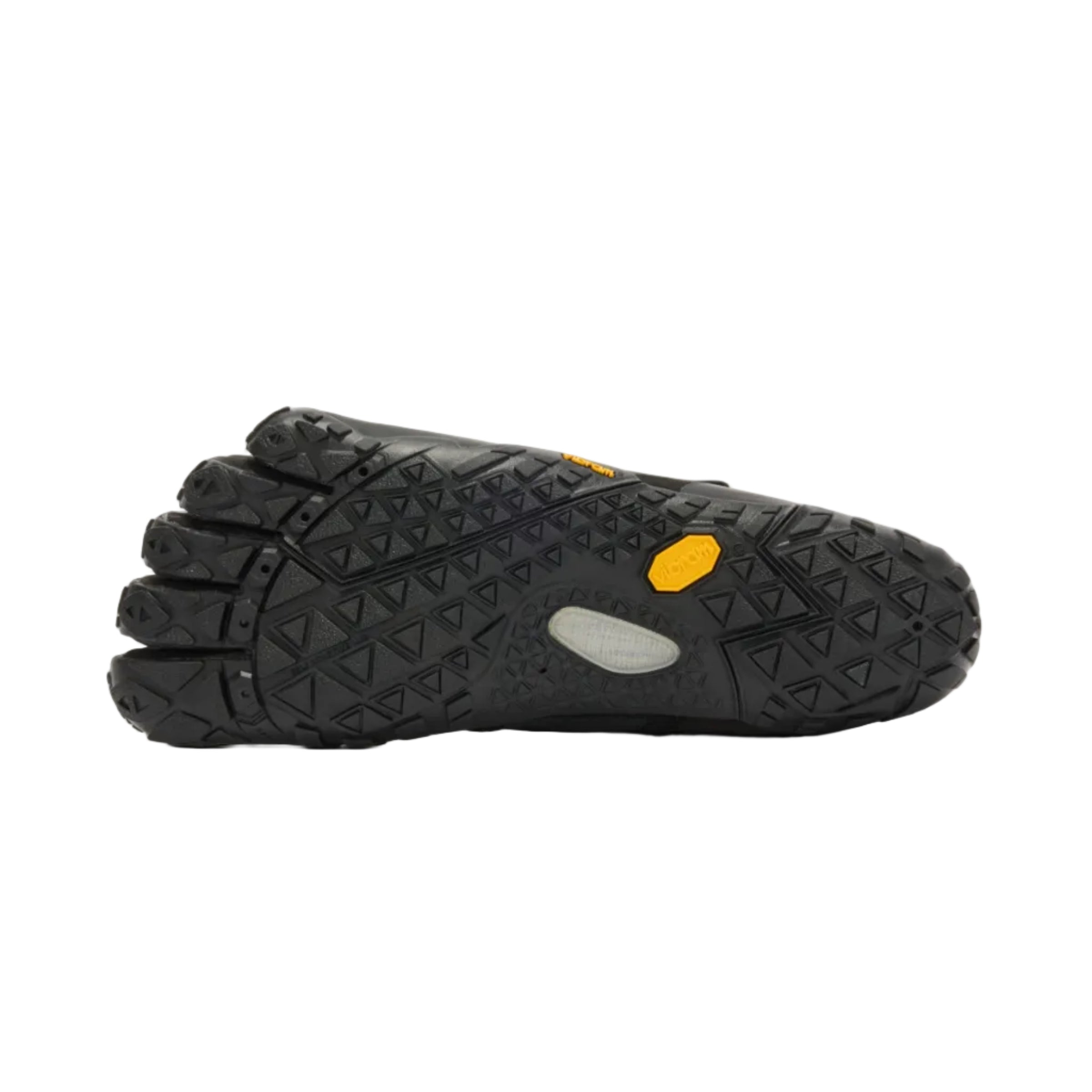 The sole of a Vibram five-star shoe in black Vibram rubber, showing the textured tread pattern, a gray oval cutout, and signature yellow Vibram logos, photographed against a light gray background.