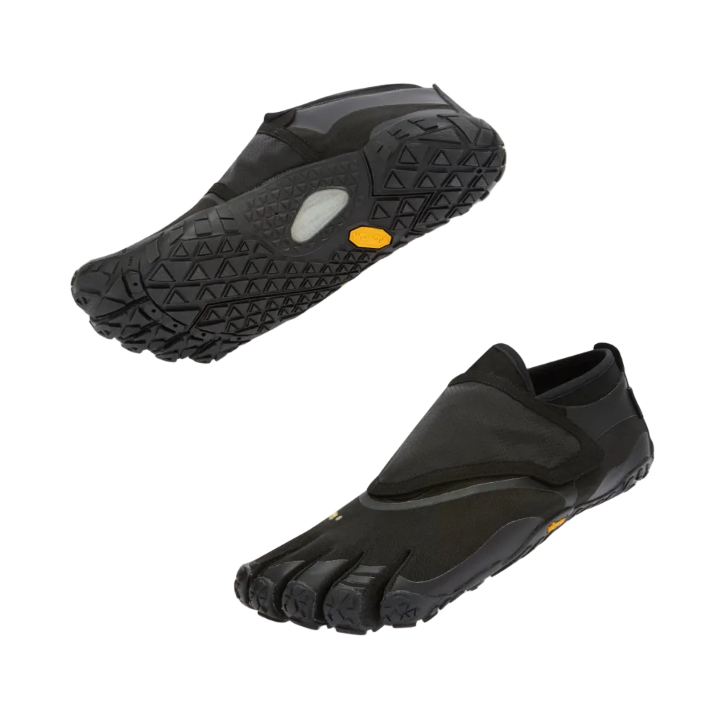 Two black minimalist Vibram Waterproof Trail shoes floating on a light gray background, showing the top and sole views. One shoe features a small yellow Vibram logo 