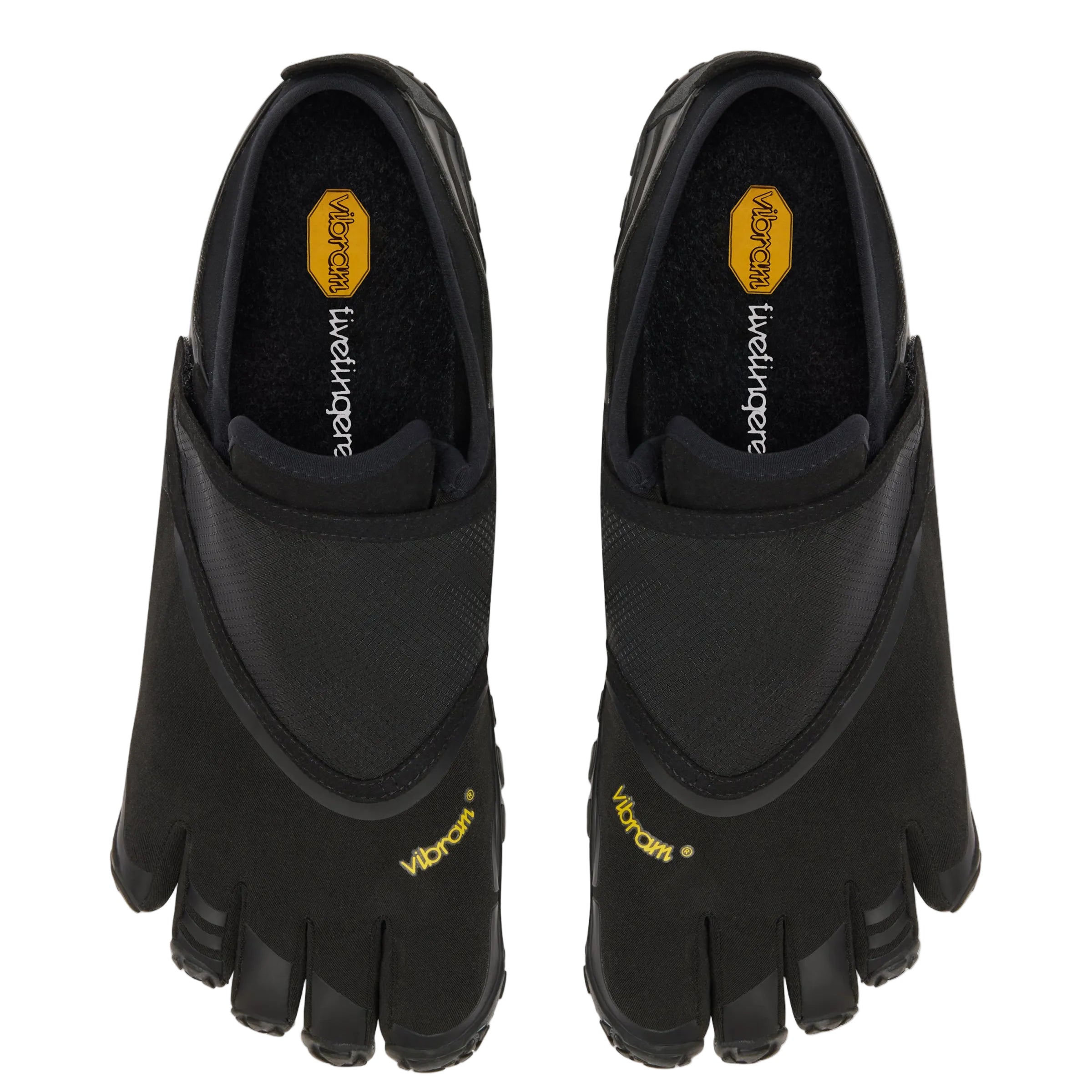 A pair of black Vibram toe shoes shown from a top-down view on a light gray background.